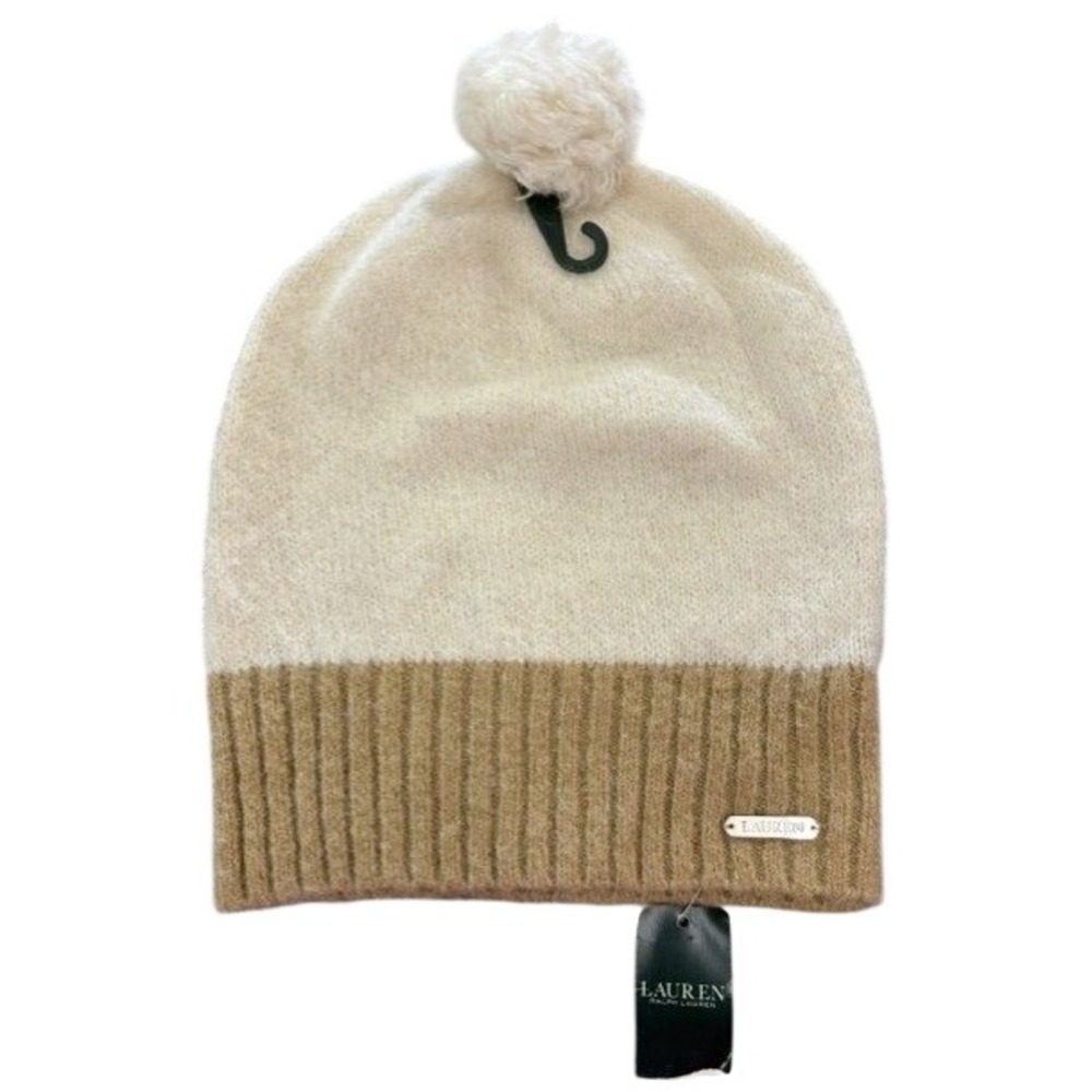 Lauren Ralph Lauren Two Tone Pom Pom Beanie Hat Cream Tan Wool Alpaca Blend NWT